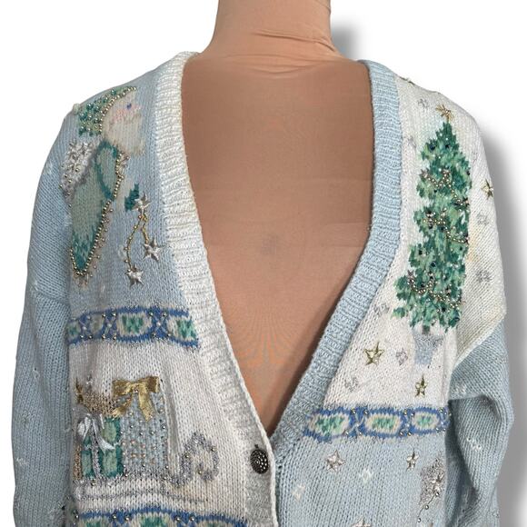 Vintage 90s Marisa Christina Christmas Pastel Blue Knit Cardigan Sweater Plus 2X - Picture 2 of 16